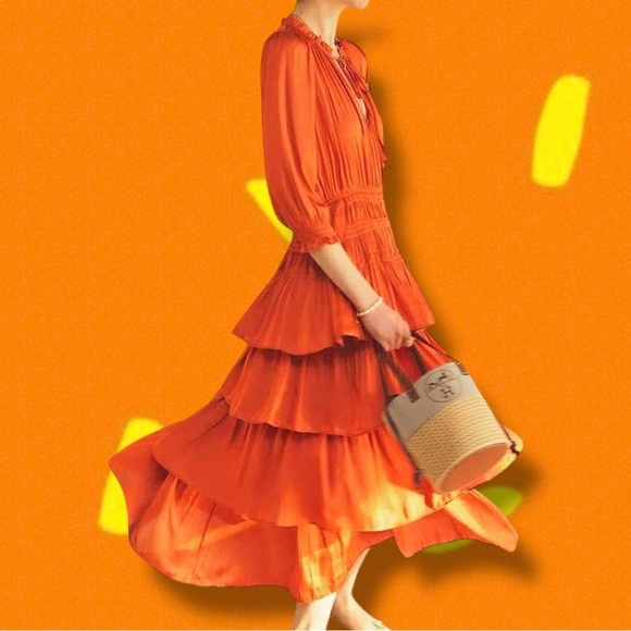 NWT Maje Orange ‘Radjinette’ Tiered Ruffle Satin Midi Dress French Size 42 = XL - Picture 2 of 16